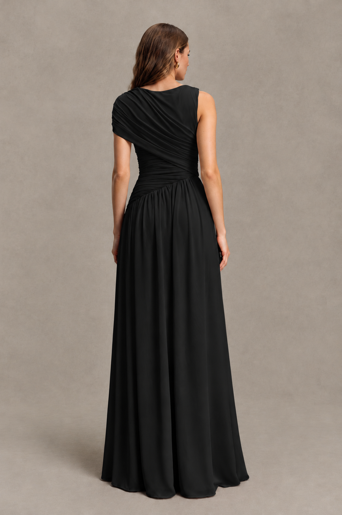BOLODOO Black One-Shoulder Ruched Floor-Length Bridesmaid Dress - Black - Black_02