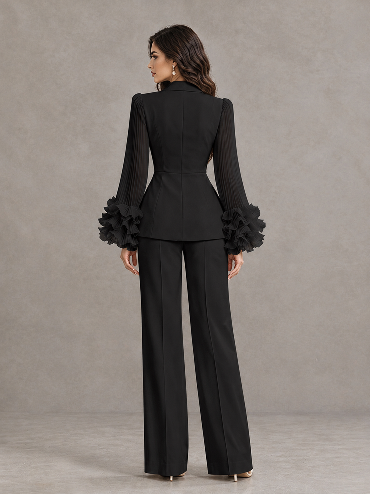 BOLODOO Black Mother of the Bride Pant Suit – Pleated Long Sleeve Ruffle Cuff Wide Leg Trouser Suit - Black - Black_02