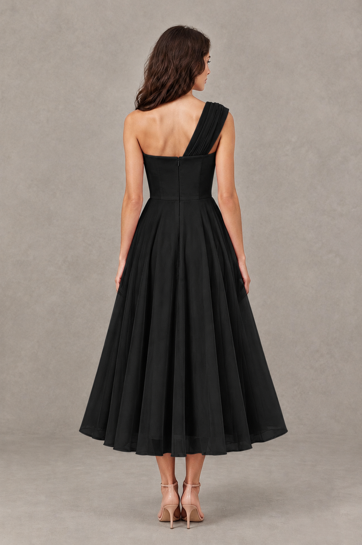 BOLODOO Black One-Shoulder Floral Tulle Tea-Length Dress - Black - Black_02