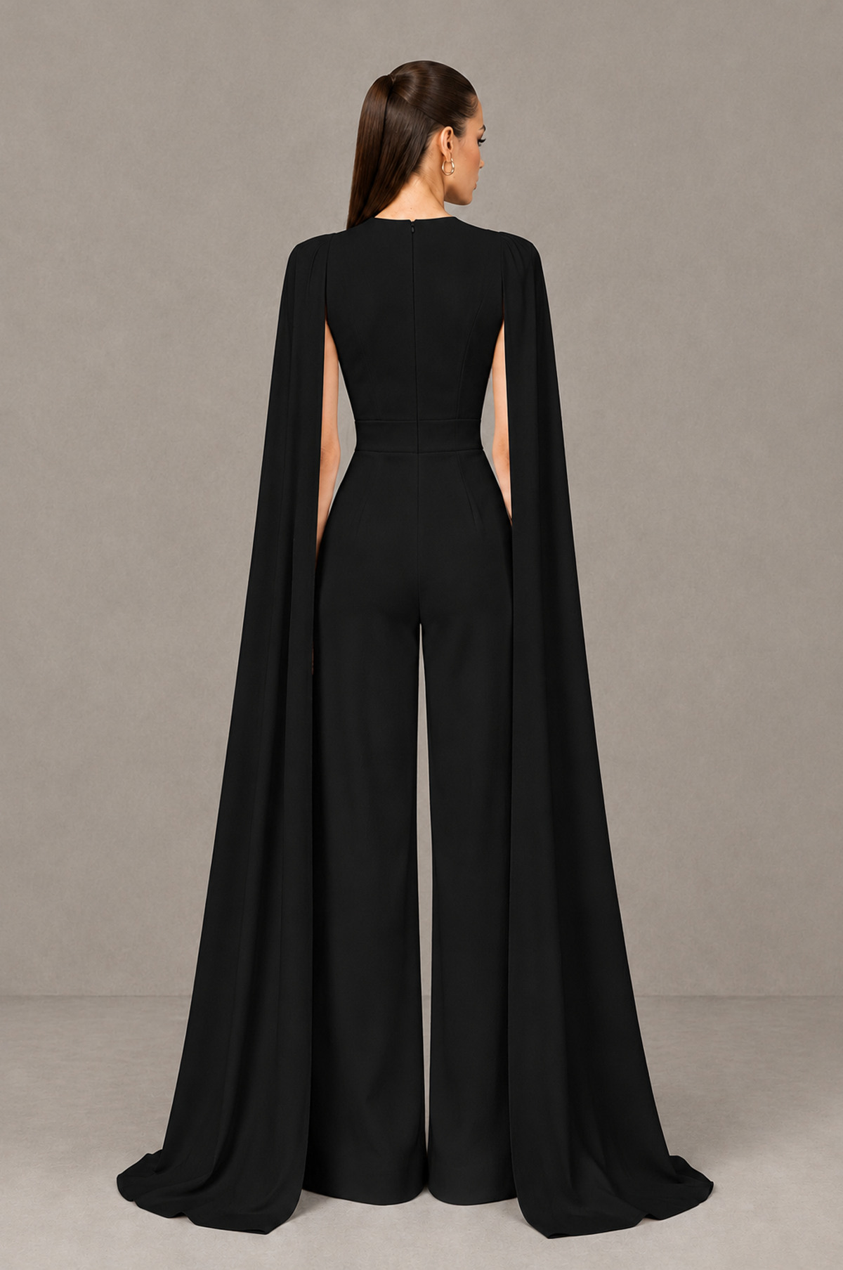 BOLODOO Black Deep V-Neck Cape Sleeve Bridal Jumpsuit - Black - Black_02