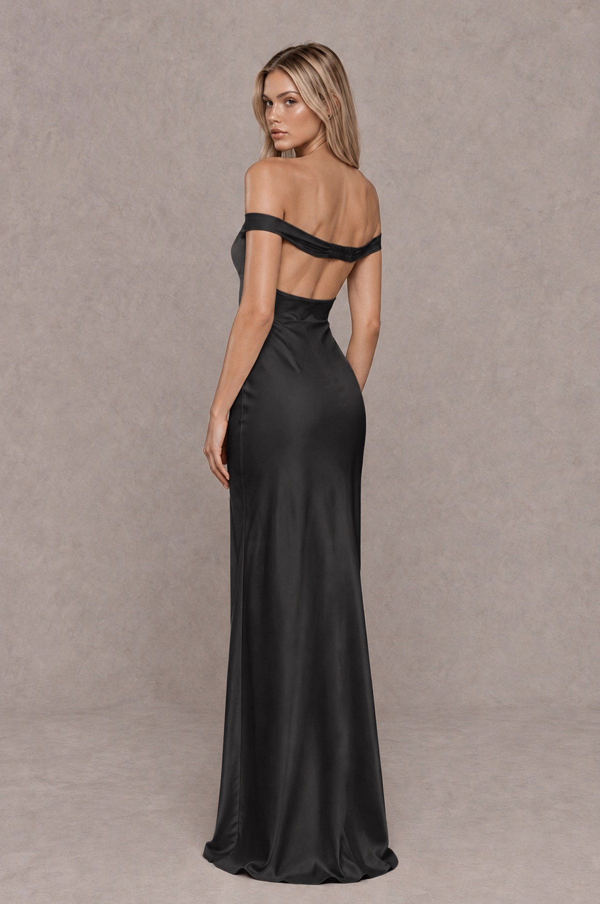 BOLODOO Black Off-Shoulder Open-Back Satin Evening Gown - Black - Black_02