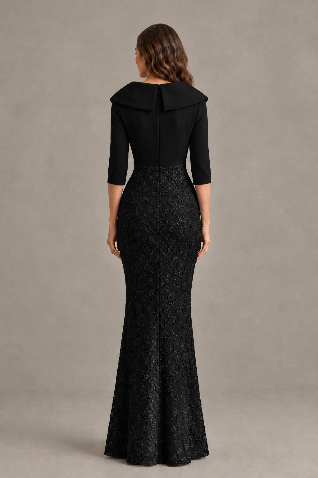 BOLODOO Black Three-Quarter Sleeve Mermaid Evening Dress with Floral Detail - Black - Black_02