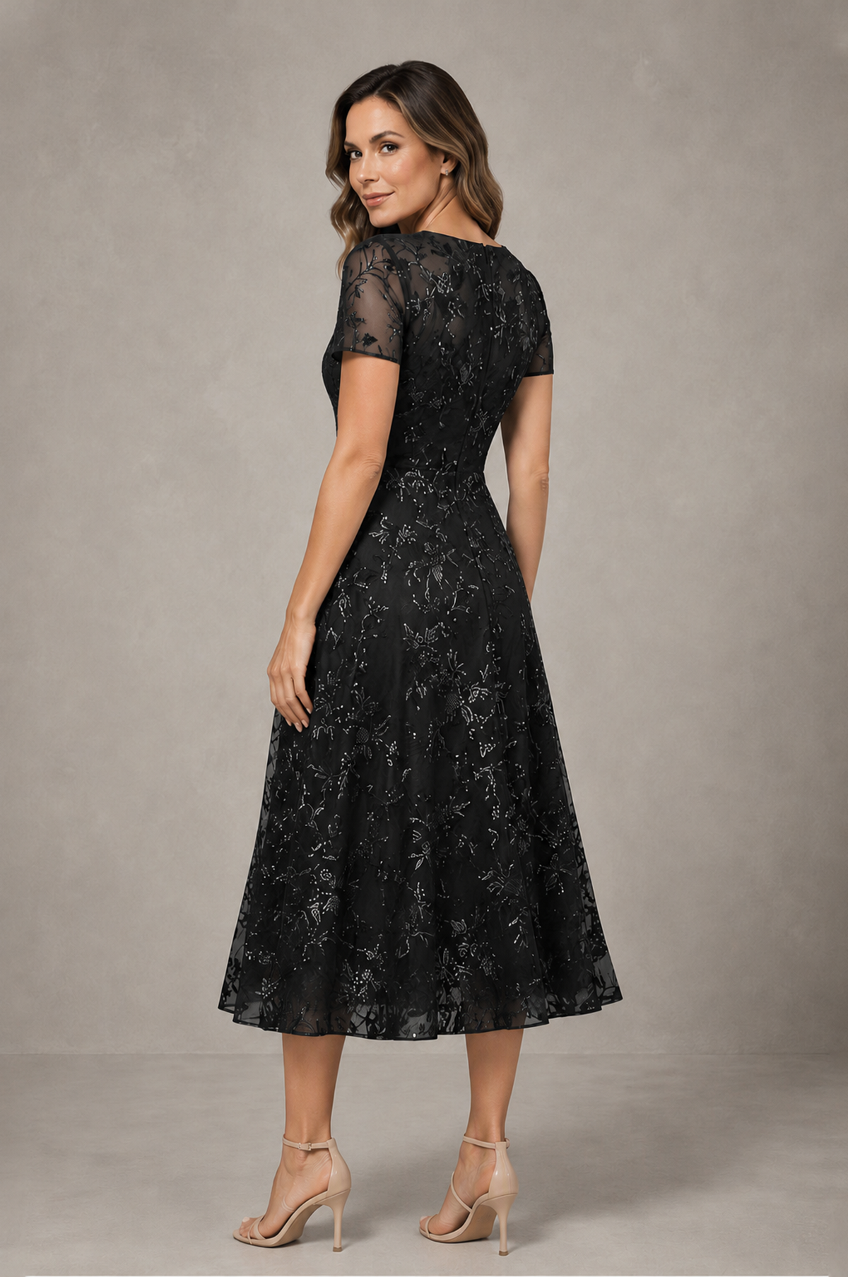 BOLODOO Black Textured Floral A-Line Dress with Short Sleeves - Black - Black_02