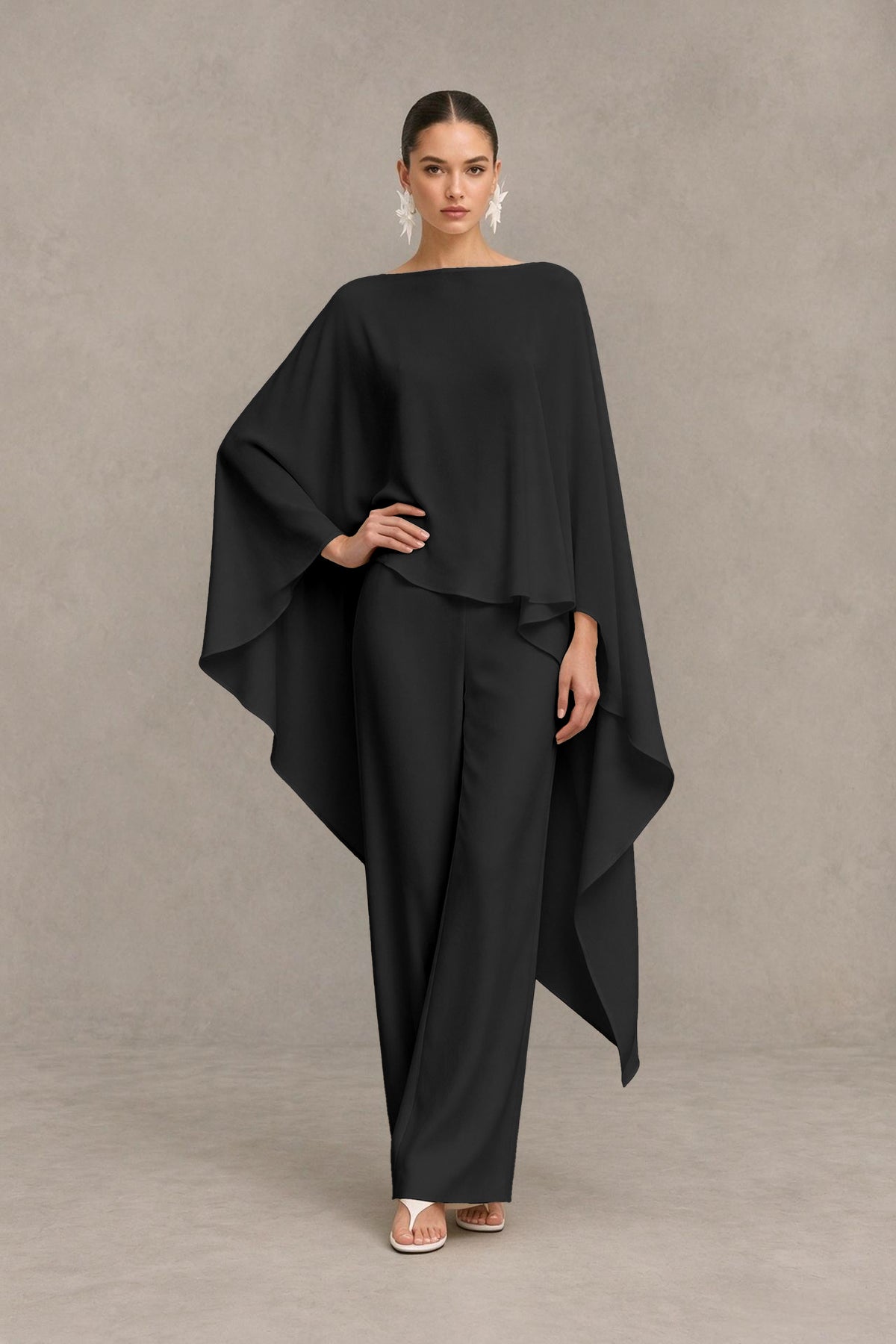 BOLODOO Black Cape Sleeve Wide-Leg Formal Pantsuit - Black - Black_03