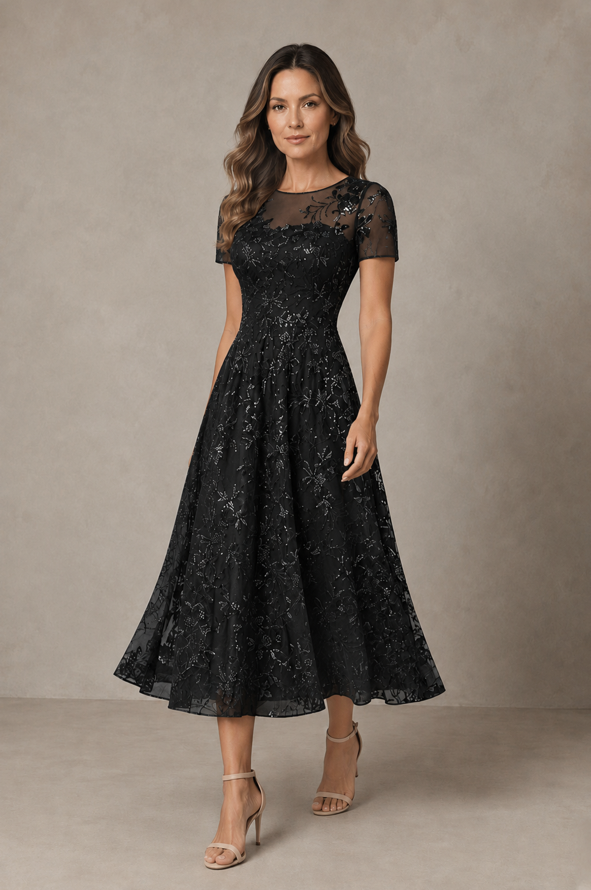 BOLODOO Black Textured Floral A-Line Dress with Short Sleeves - Black - Black_03