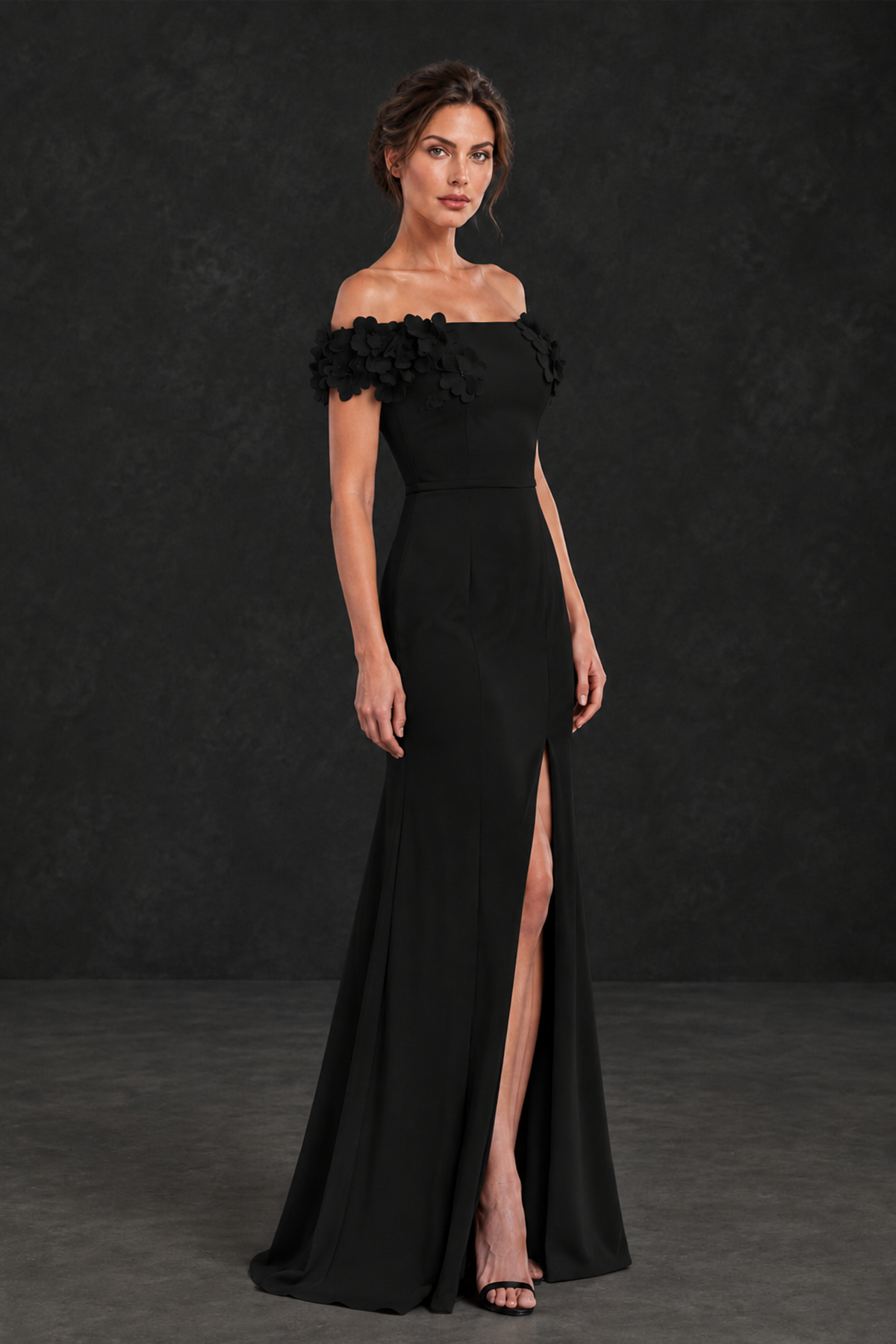 BOLODOO Black Off-the-Shoulder Mother of the Bride Dress with Floral Appliques - Black - Black_03