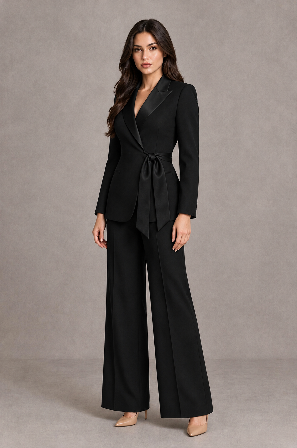 BOLODOO Black Tie-Waist Blazer & Wide-Leg Pantsuit - Black - Black_03