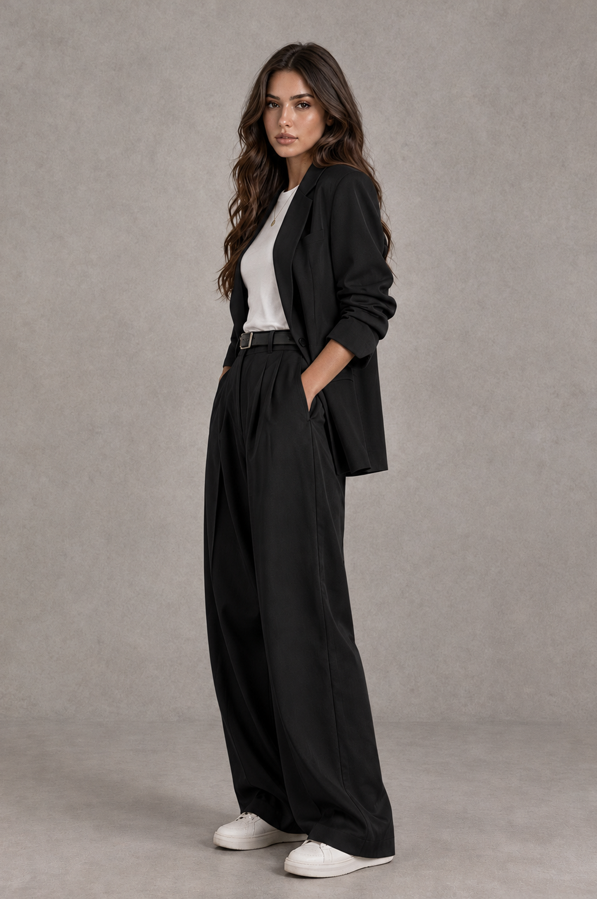 BOLODOO Black Brown Blazer & Wide-Leg Pants Suit for Women - Black - Black_03