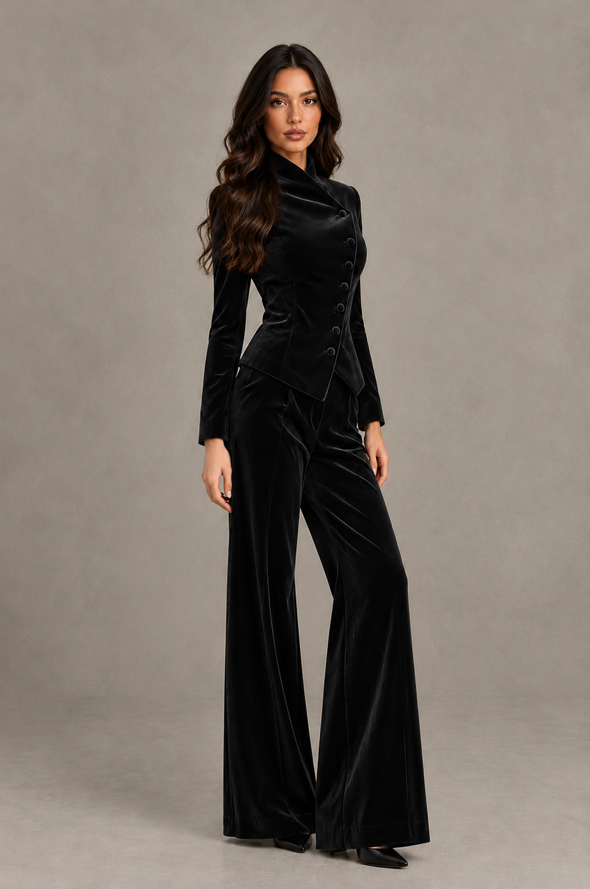 BOLODOO Black Velvet Two-Piece Pantsuit with Long Sleeve Blazer & Wide-Leg Trousers - Black - Black_03