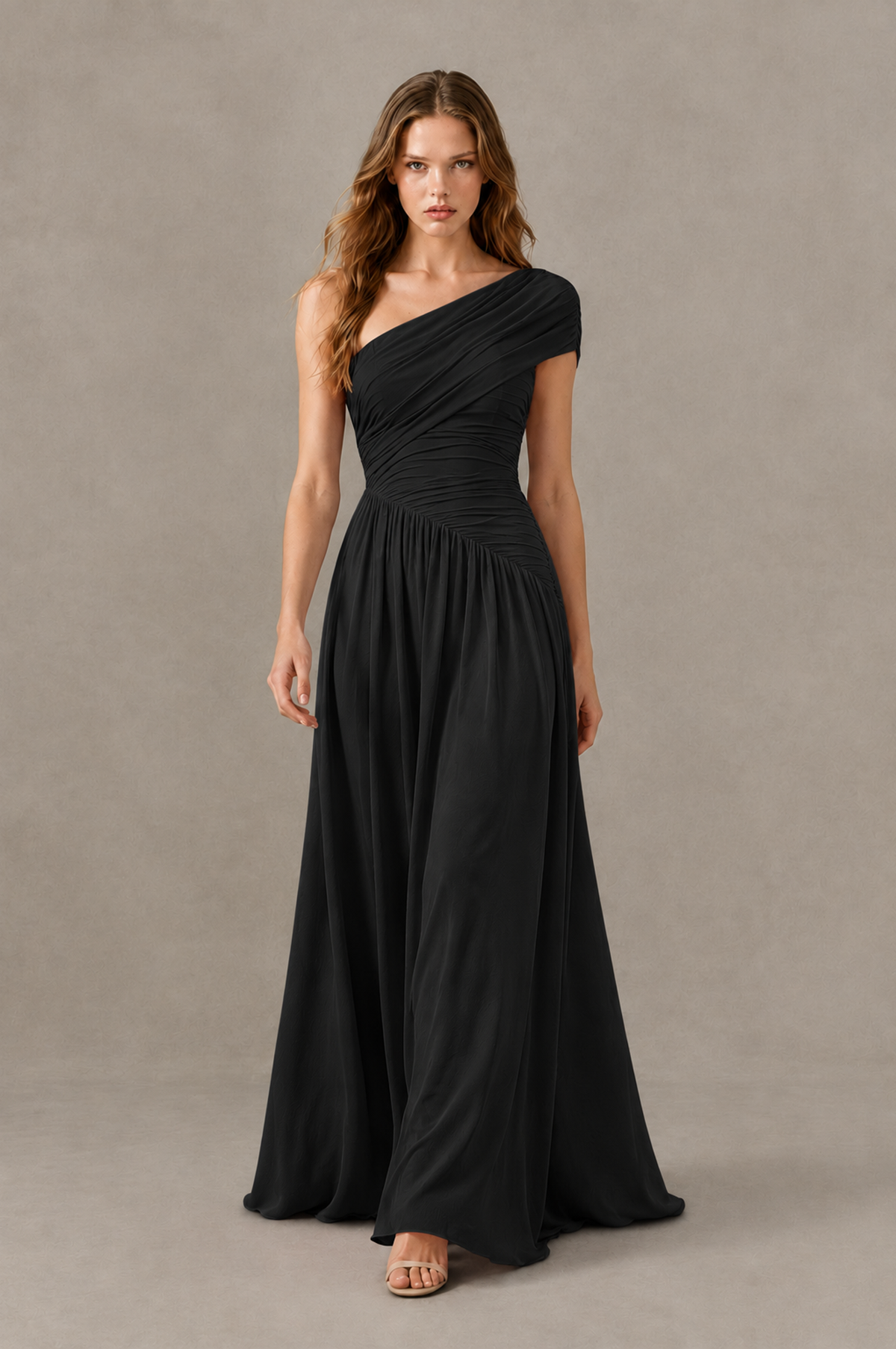 BOLODOO Black One-Shoulder Ruched Floor-Length Bridesmaid Dress - Black - Black_03