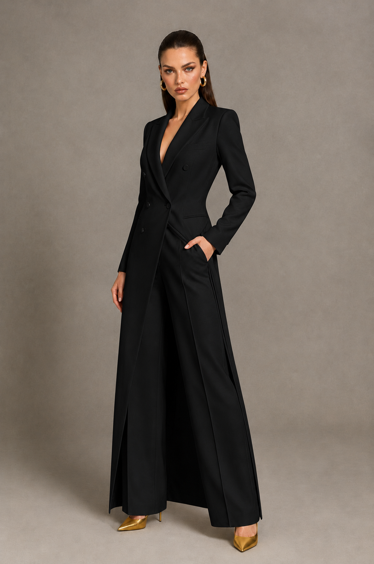 BOLODOO Black Longline Blazer & Wide-Leg Pants Two-Piece Suit - Black - Black_03