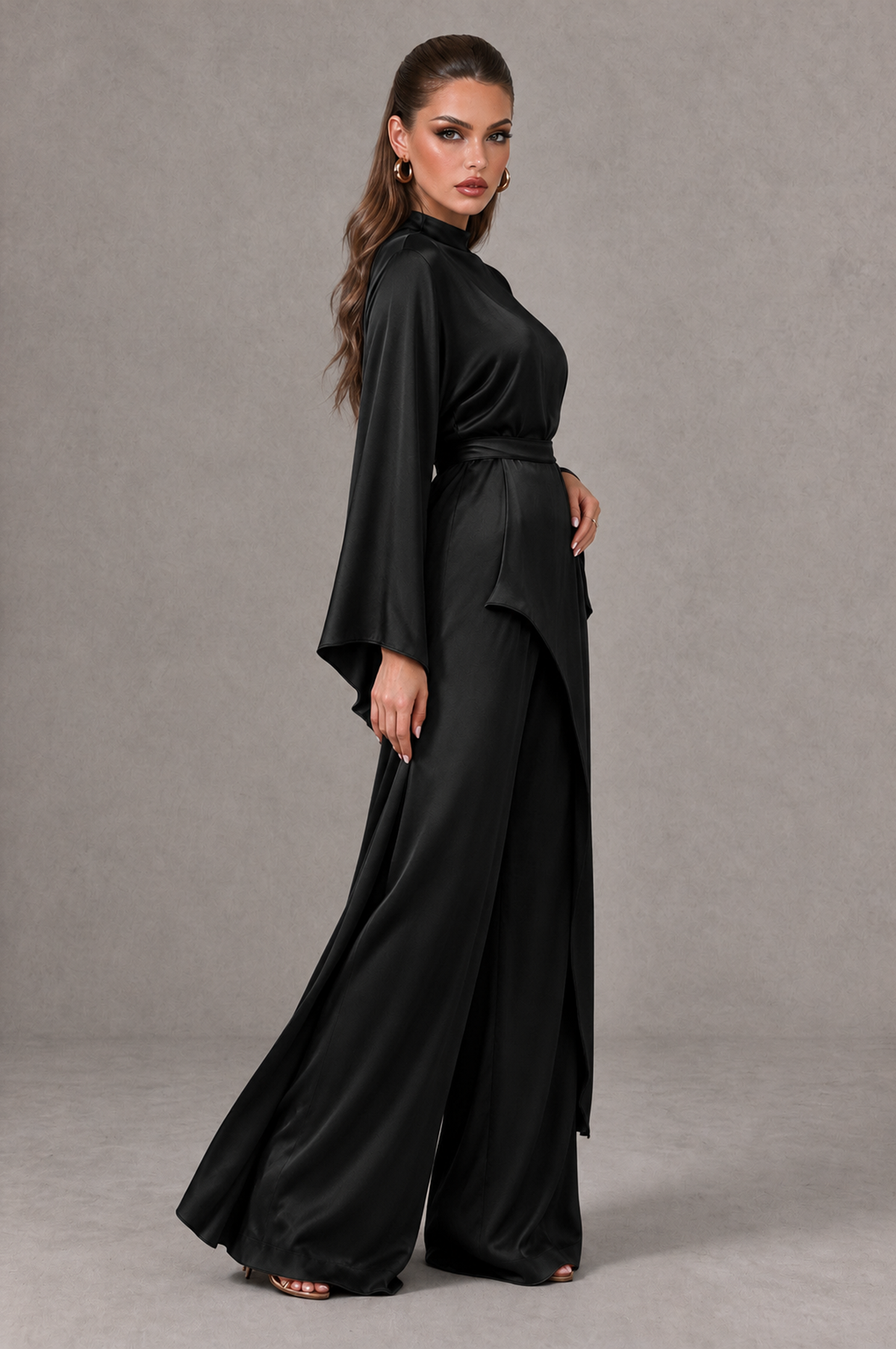 BOLODOO Black Satin-Look Long Sleeve Wide-Leg Jumpsuit - Black - Black_03