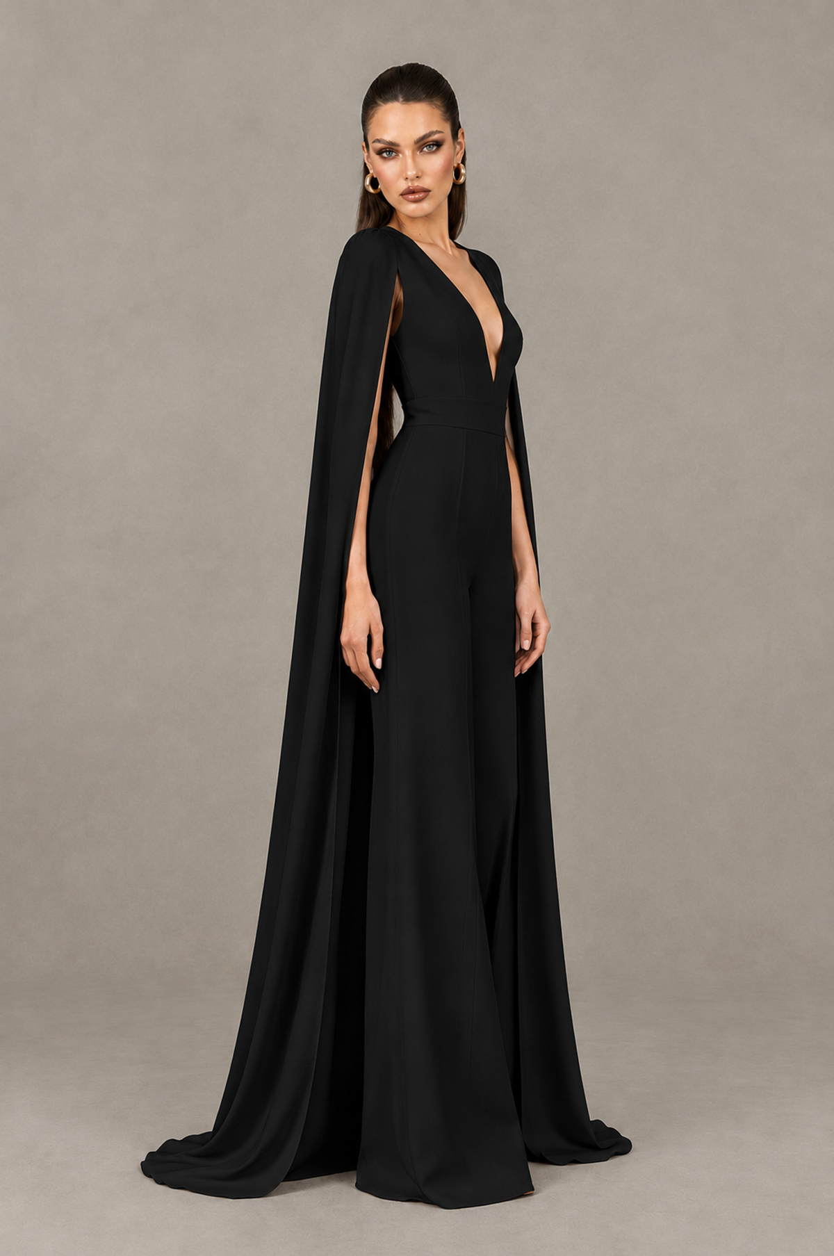 BOLODOO Black Deep V-Neck Cape Sleeve Bridal Jumpsuit - Black - Black_03