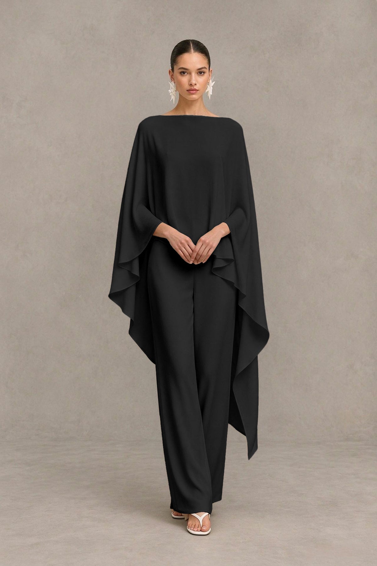 BOLODOO Black Cape Sleeve Wide-Leg Formal Pantsuit - Black - Black_04