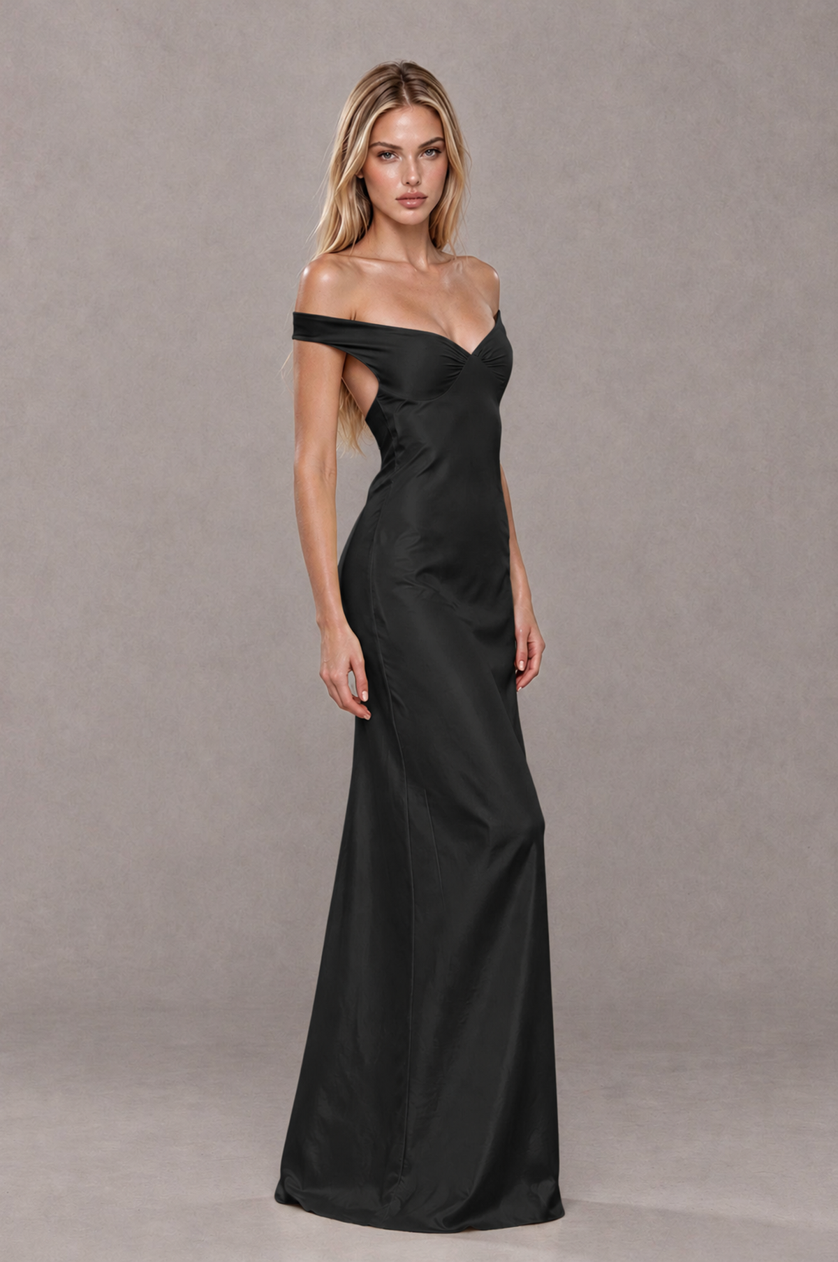 BOLODOO Black Off-Shoulder Open-Back Satin Evening Gown - Black - Black_04