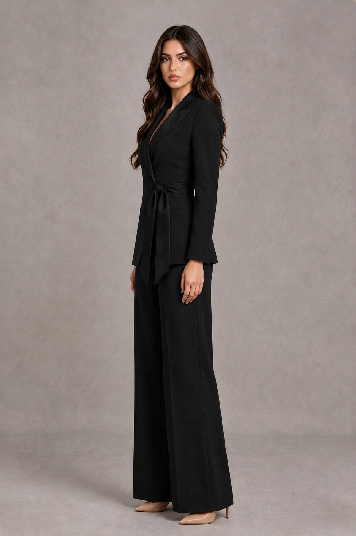 BOLODOO Black Tie-Waist Blazer & Wide-Leg Pantsuit - Black - Black_04