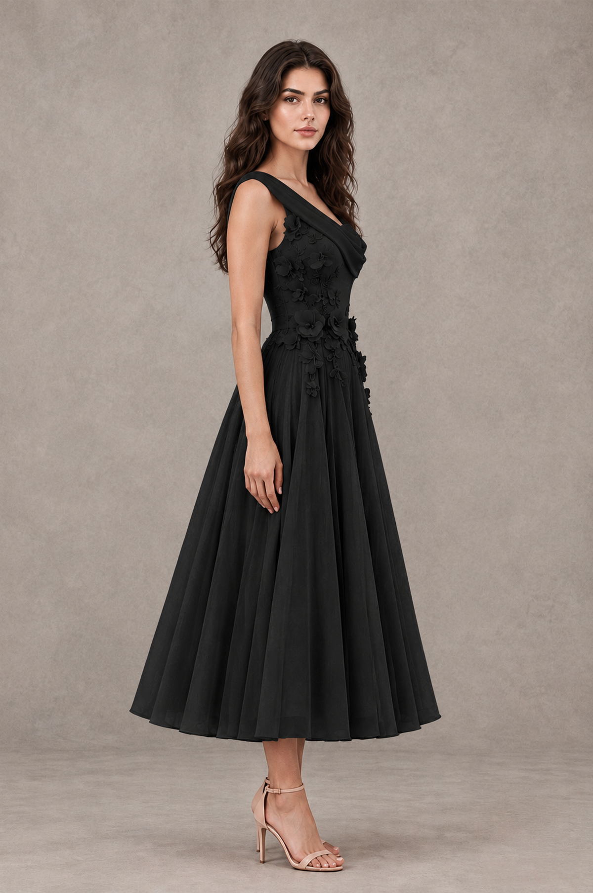 BOLODOO Black One-Shoulder Floral Tulle Tea-Length Dress - Black - Black_04