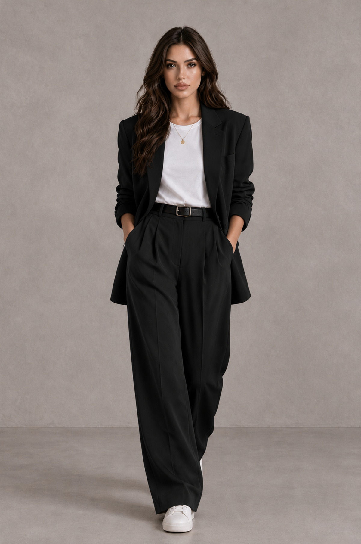 BOLODOO Black Brown Blazer & Wide-Leg Pants Suit for Women - Black - Black_04