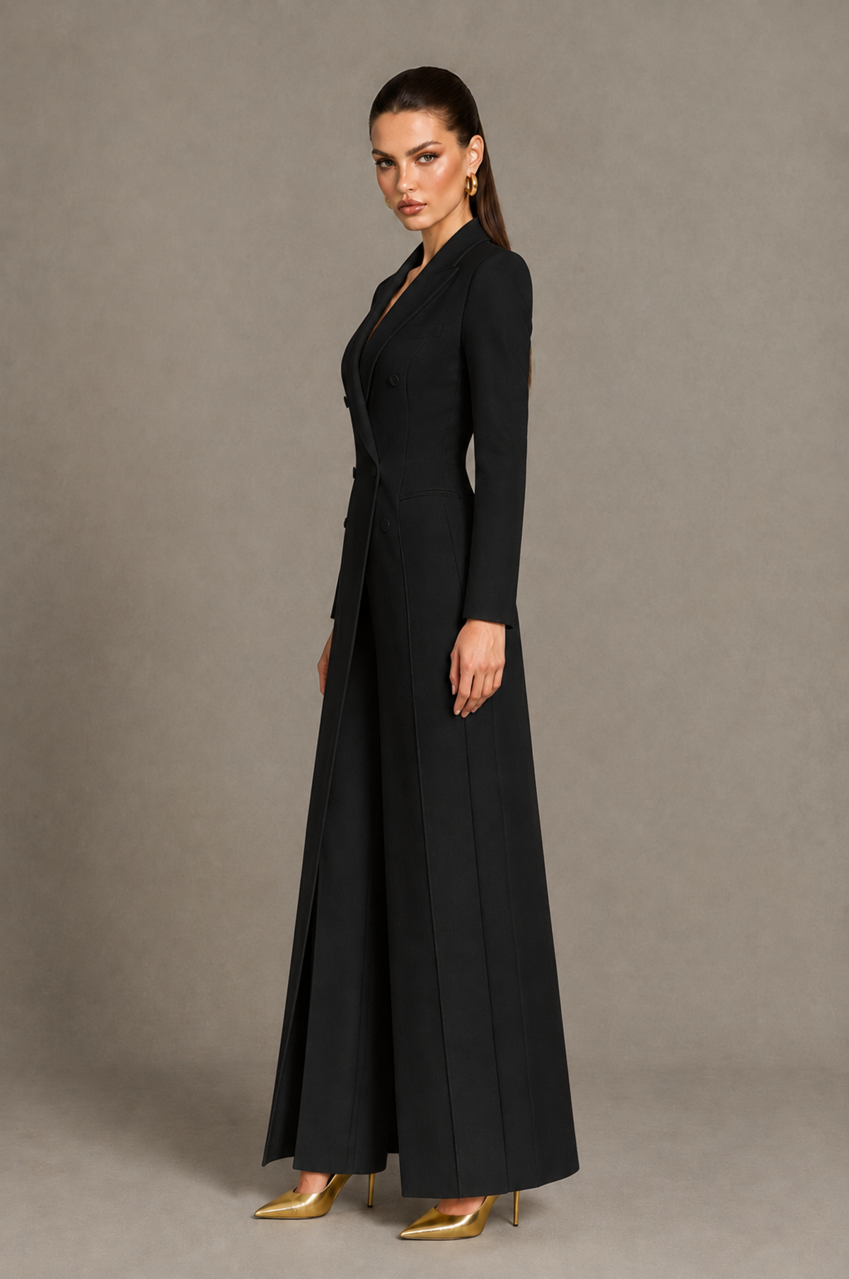 BOLODOO Black Longline Blazer & Wide-Leg Pants Two-Piece Suit - Black - Black_04