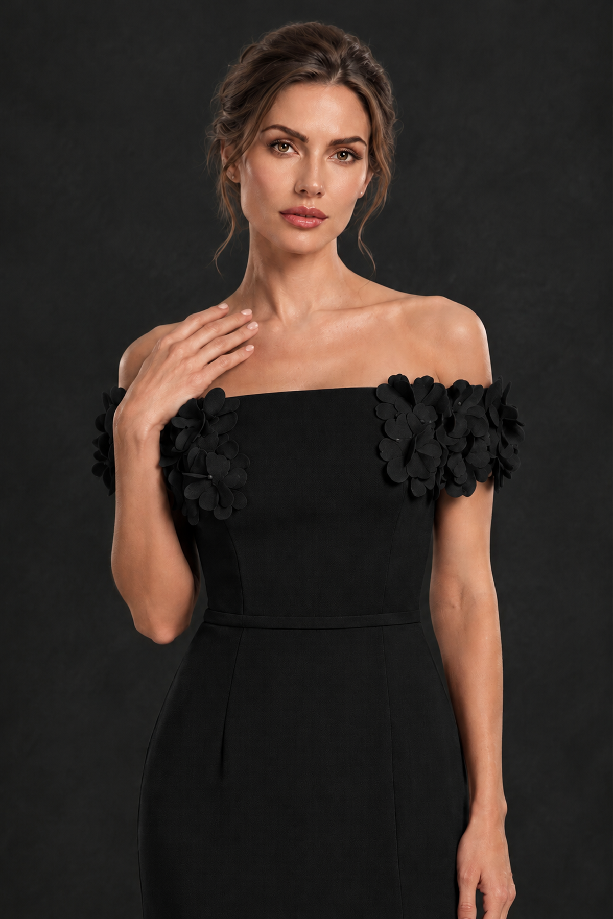 BOLODOO Black Off-the-Shoulder Mother of the Bride Dress with Floral Appliques - Black - Black_04