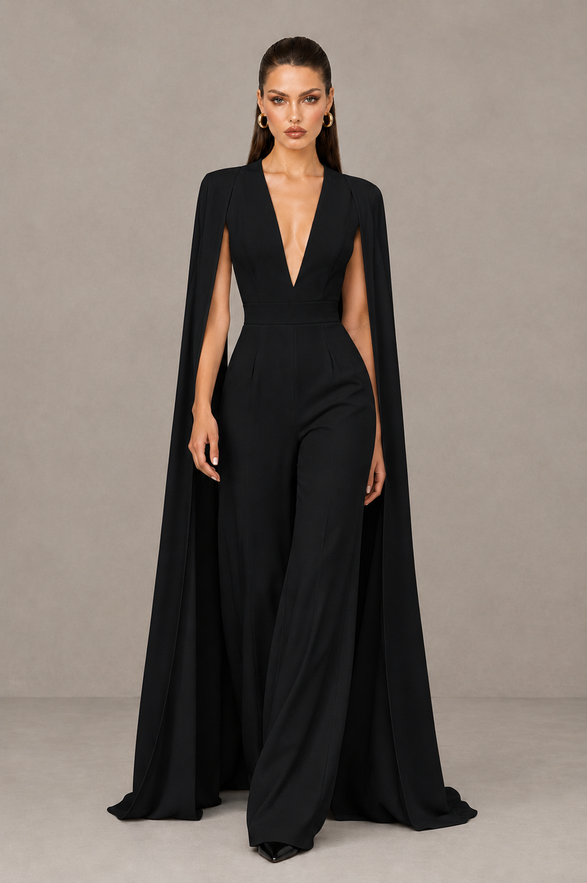 BOLODOO Black Deep V-Neck Cape Sleeve Bridal Jumpsuit - Black - Black_04