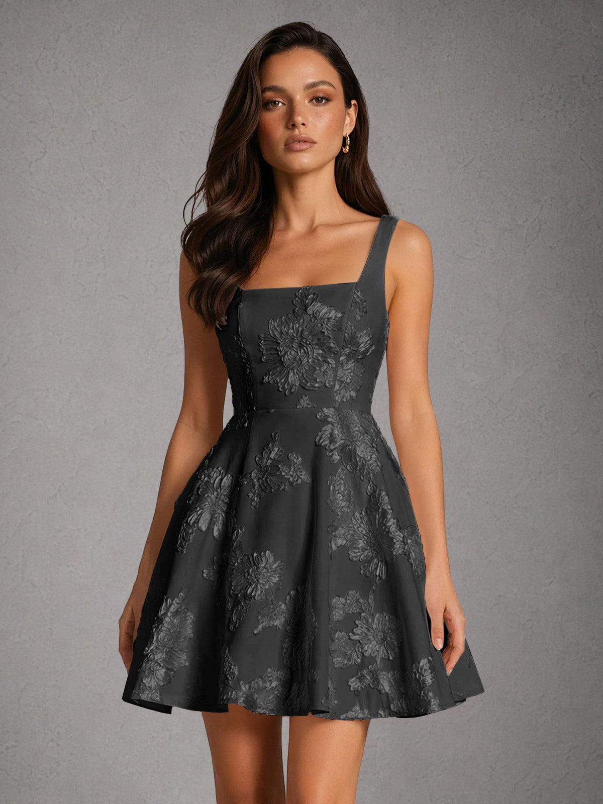 BOLODOO Pearl Black Iridescent Floral Embroidered Square Neck Wide Strap A-Line Mini Dress with Lace-Up Back - Black