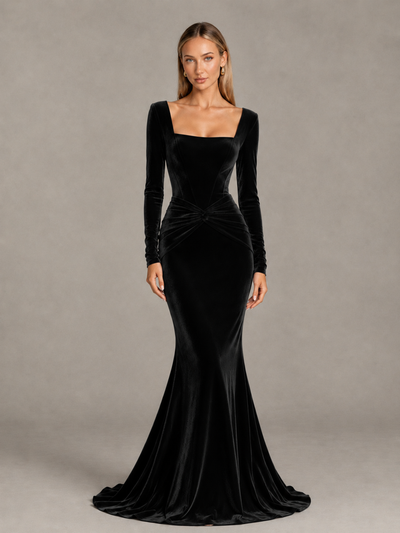 BOLODOO Black Velvet-Look Square Neck Long Sleeve Mermaid Evening Dress - Black - Black_1
