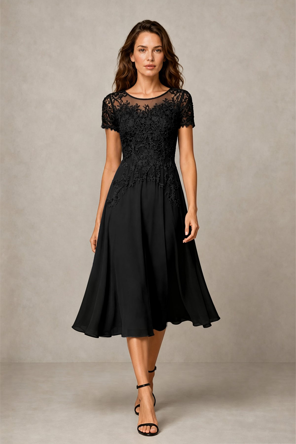BOLODOO Steel Black Beaded Lace Illusion Bodice Chiffon Tea-Length Dress | Mother of the Bride & Cocktail Party - Black