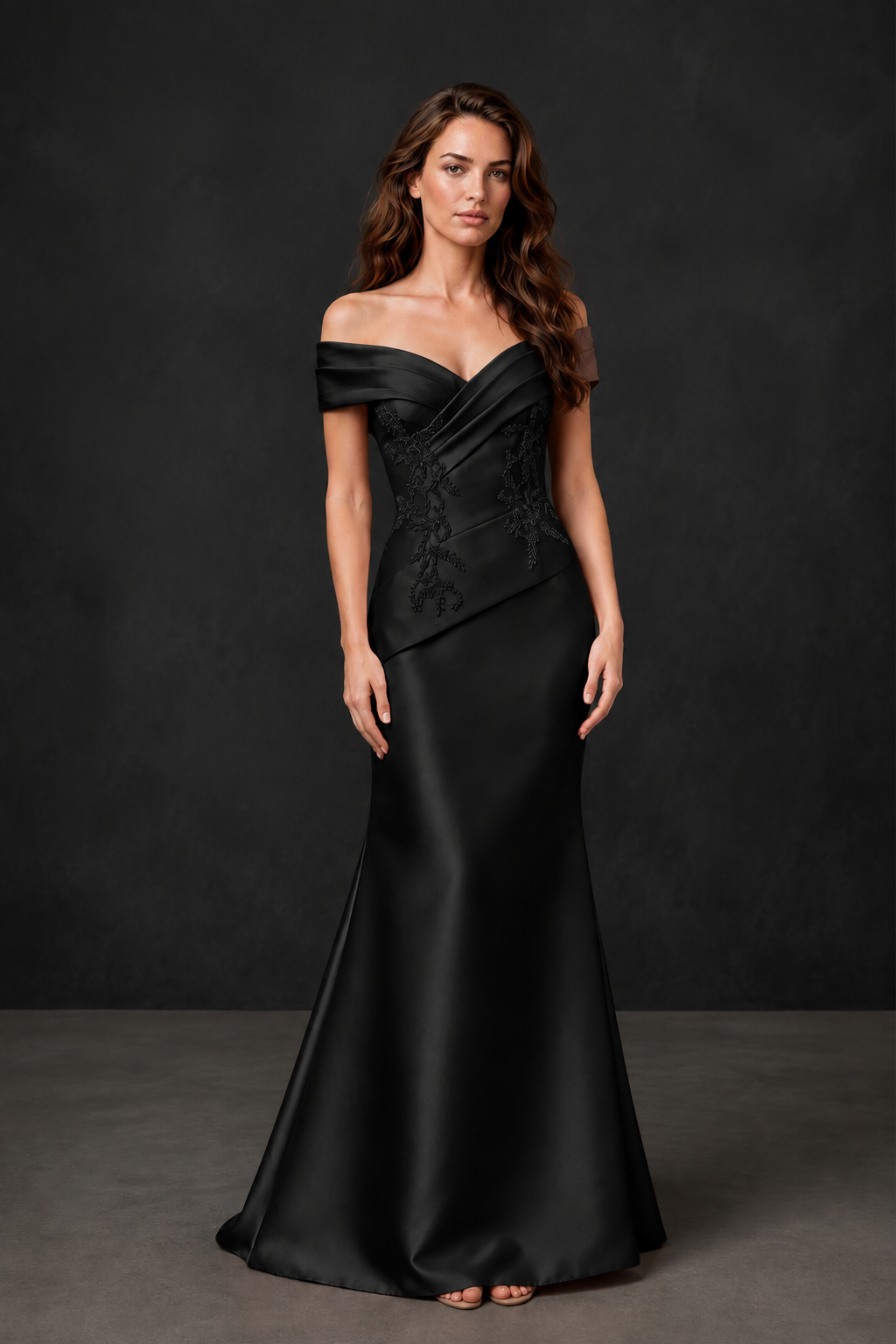 BOLODOO Black Satin Off-Shoulder Sweetheart Asymmetric Peplum Mermaid Gown with Black Floral Embroidery | MOB Evening Dress - Black