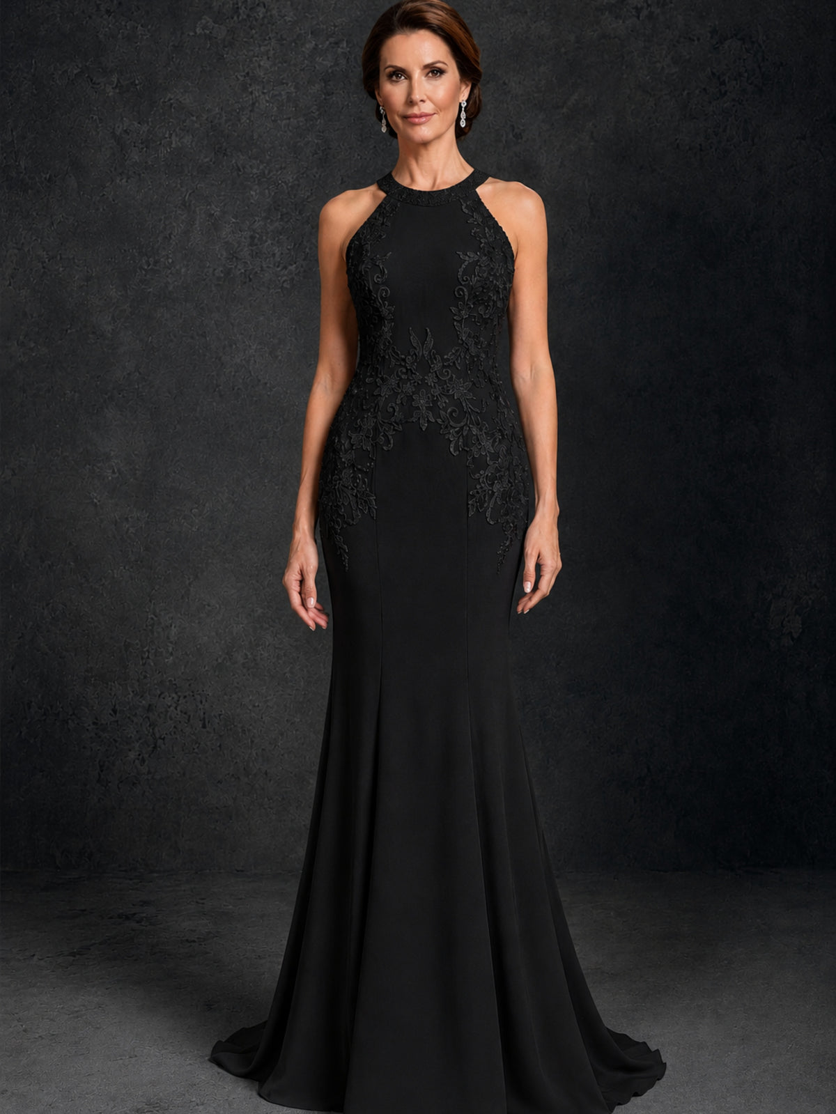 BOLODOO Black Lace Applique Halter Neck Sheer Back Mermaid Maxi Dress with Sweep Train - Black