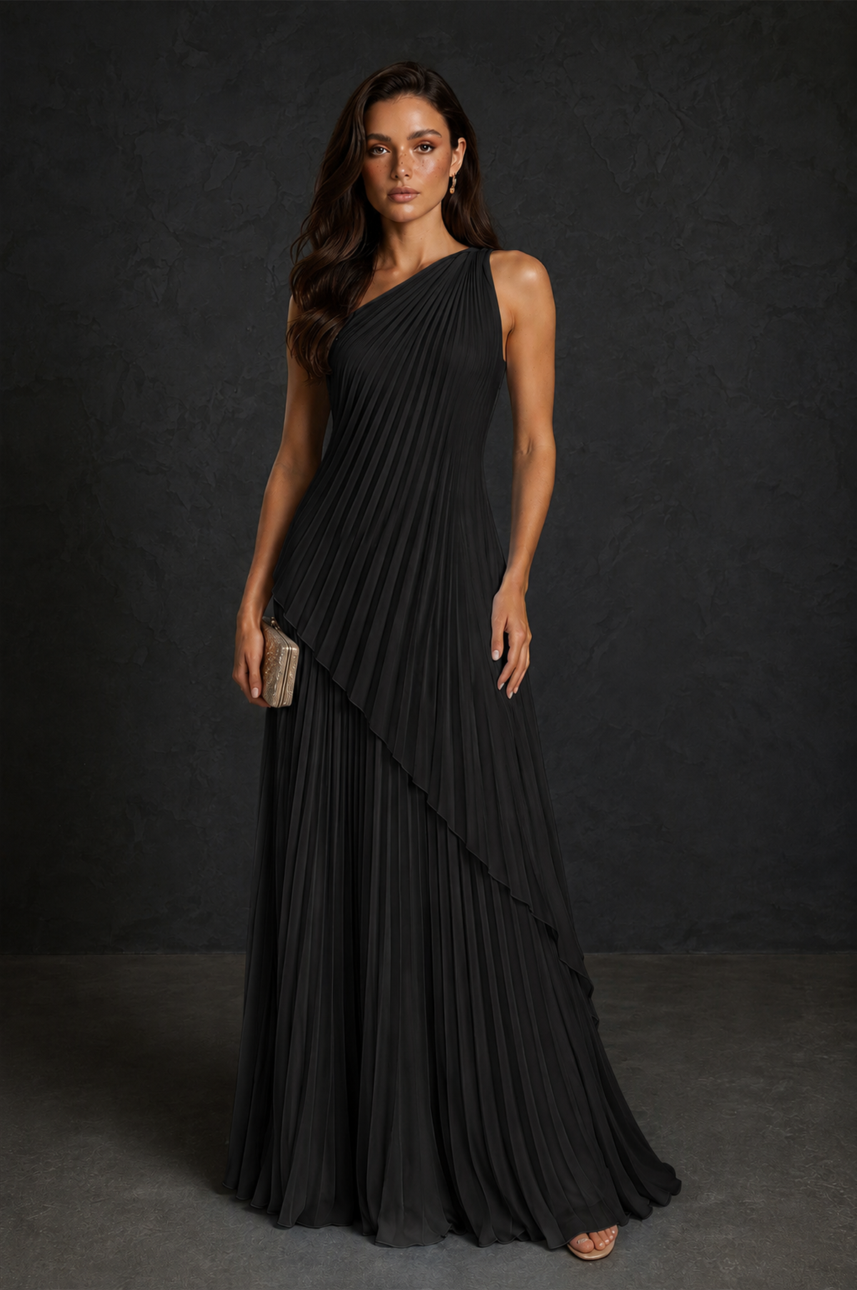 BOLODOO Black One-Shoulder Sunburst Pleated Asymmetric Layered Overlay Accordion Pleated Chiffon Maxi Dress - Black