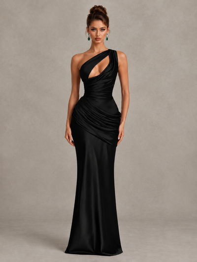 BOLODOO Black One-Shoulder Cutout Satin Mermaid Prom Dress - Black - Black_1