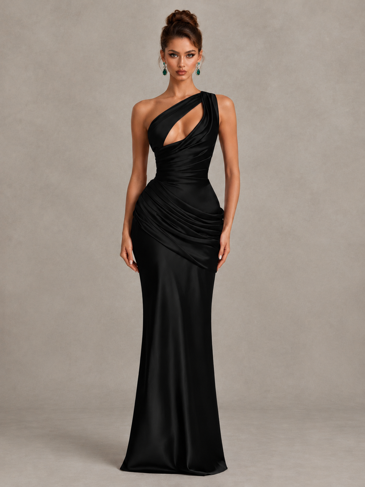 BOLODOO Black One-Shoulder Cutout Satin Mermaid Prom Dress - Black - Black_1