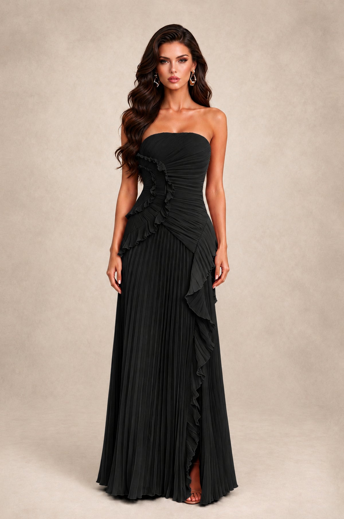 BOLODOO Black Strapless Ruffle Pleated Slit Evening Gown - Black - Black_1