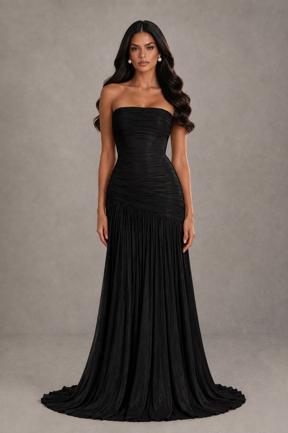 BOLODOO Black Metallic Ruched Strapless Pleated A-Line Backless Maxi Dress with Train - Black - Black_1