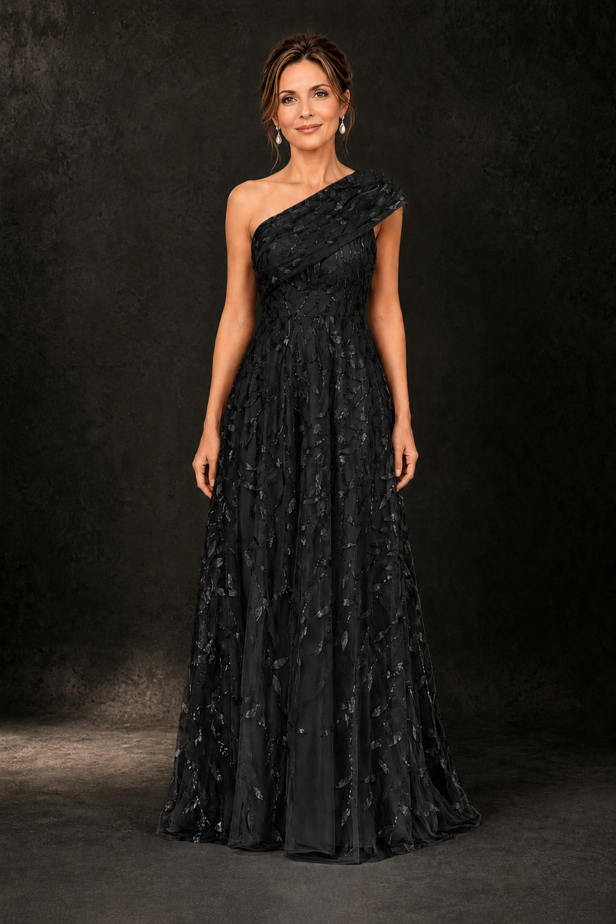 BOLODOO Black Leaf Sequin One-Shoulder A-Line Maxi Gown – Mother of the Bride & Formal Evening Dress - Black - Black_1