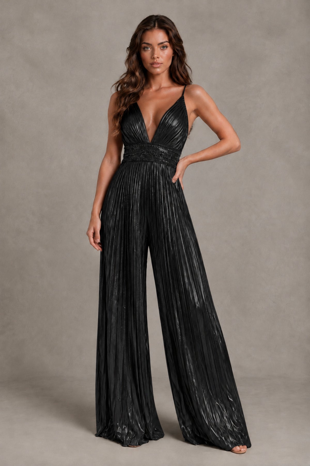 BOLODOO Black Pleated Wide-Leg Jumpsuit with Open Back - Black