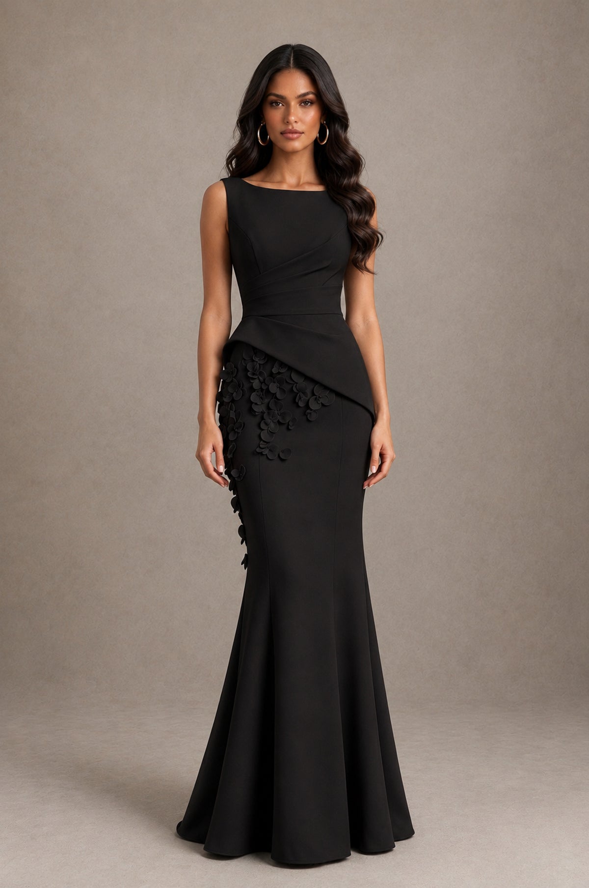 BOLODOO Black Bateau Neck Sleeveless Asymmetric Peplum 3D Petal Appliqué Mermaid Gown BD0421 - Black - Black_1