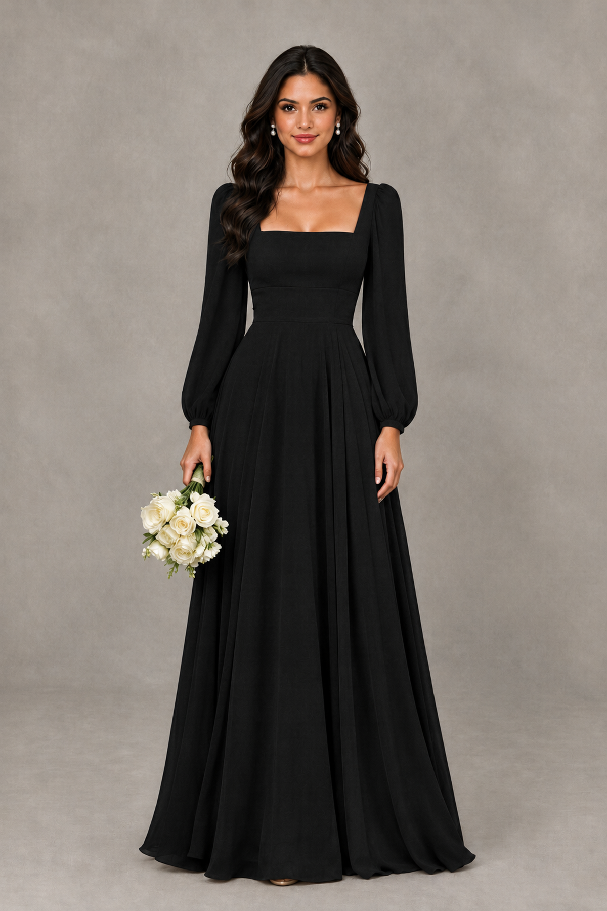 BOLODOO Black Square Neck Long Sleeve A-Line Bridesmaid Dress - Black - Black_1