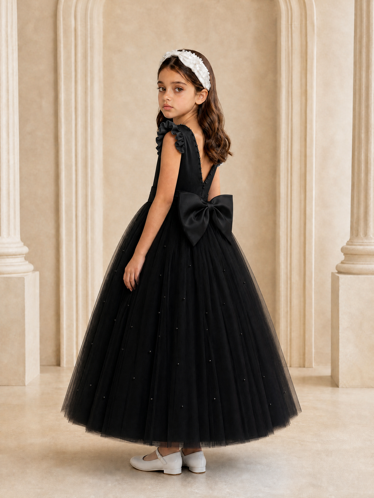 BOLODOO Black Tulle Flower Girl Dress with Ruffle Sleeves & Bow Back - Black - Black_1