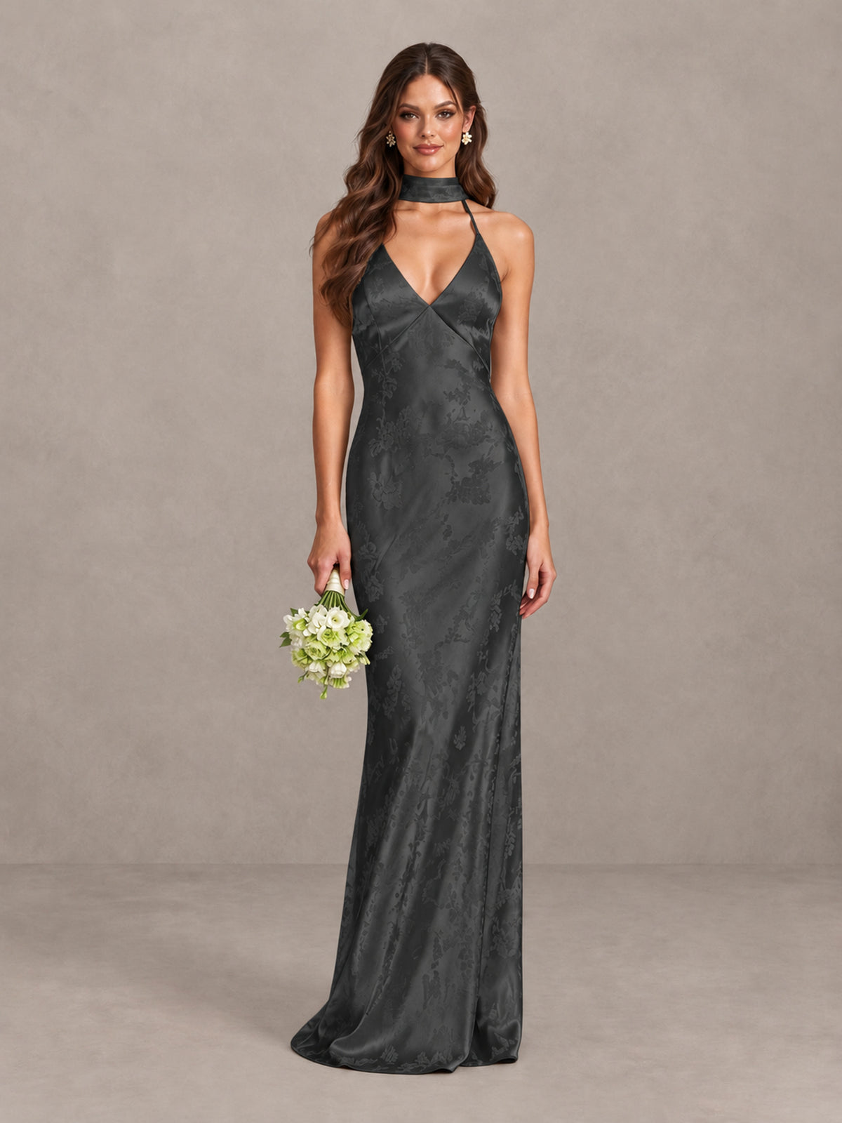 BOLODOO Black Floral Satin Open-Back Bridesmaid Dress - Black - Black_1