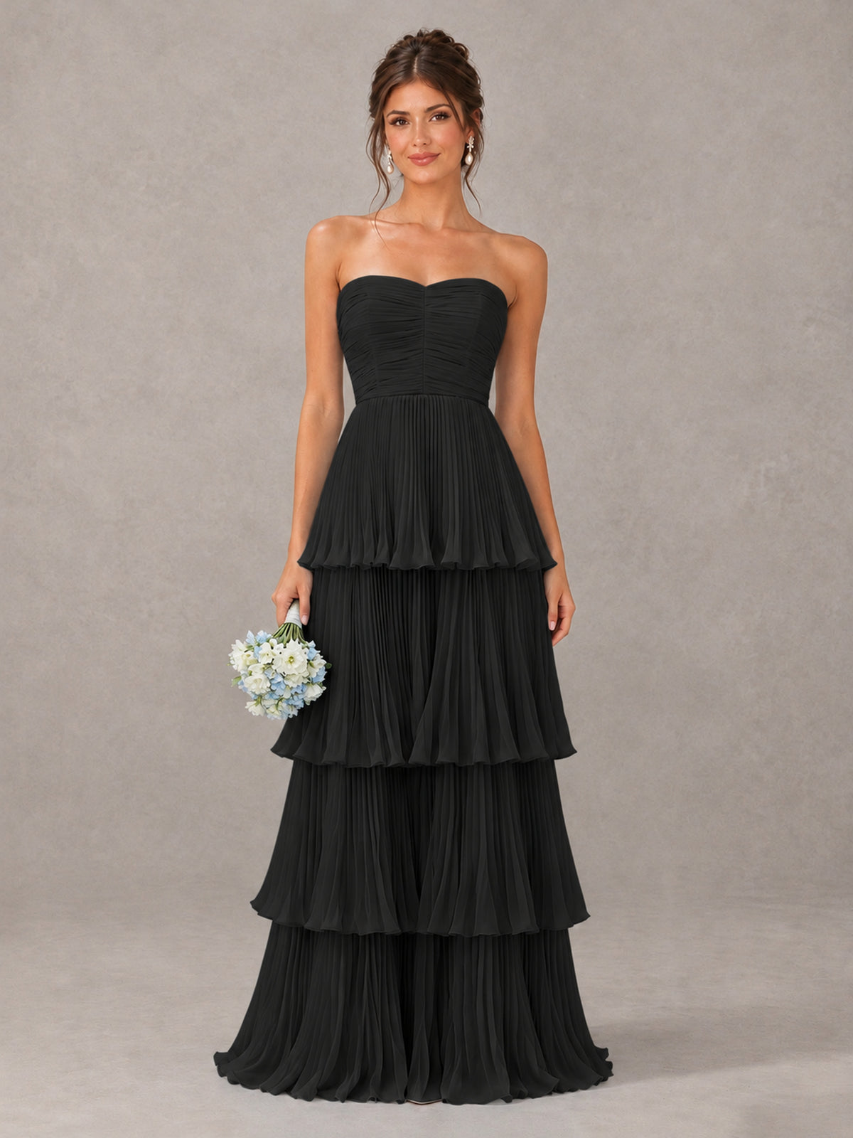 BOLODOO Black Strapless Tiered Pleated Bridesmaid Dress - Black - Black_1