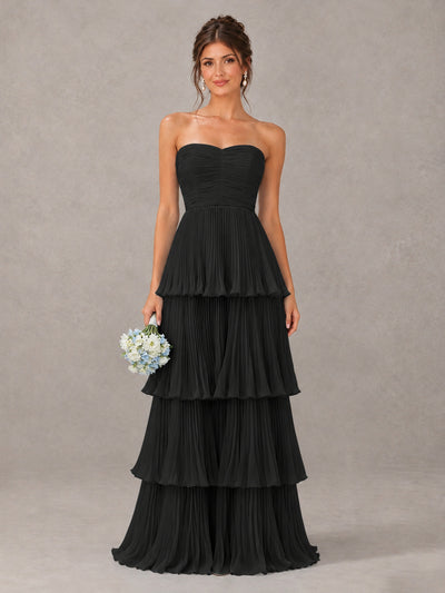 BOLODOO Black Strapless Tiered Pleated Bridesmaid Dress - Black - Black_1