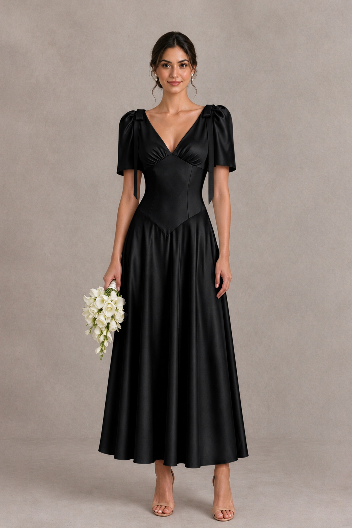 BOLODOO Black V-Neck Short Sleeve Satin-Look Bridesmaid Dress with Shoulder Bows - Black - Black_1