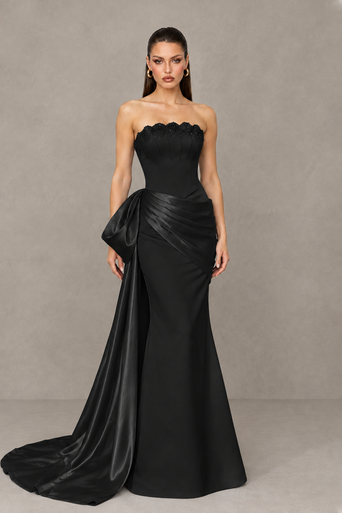 BOLODOO Black Strapless Satin Prom Dress with Draped Side Train - Black - Black_1