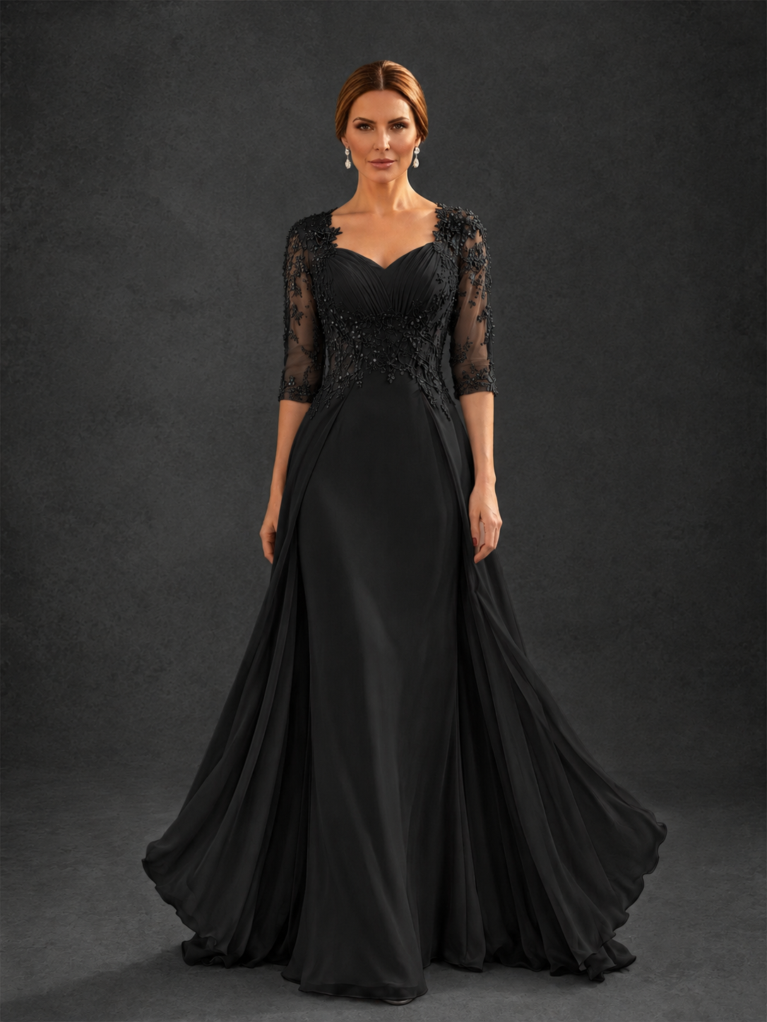 BOLODOO Black Sweetheart Neck 3/4 Sleeve Floral Lace Illusion Bodice Chiffon A-Line Gown - Black