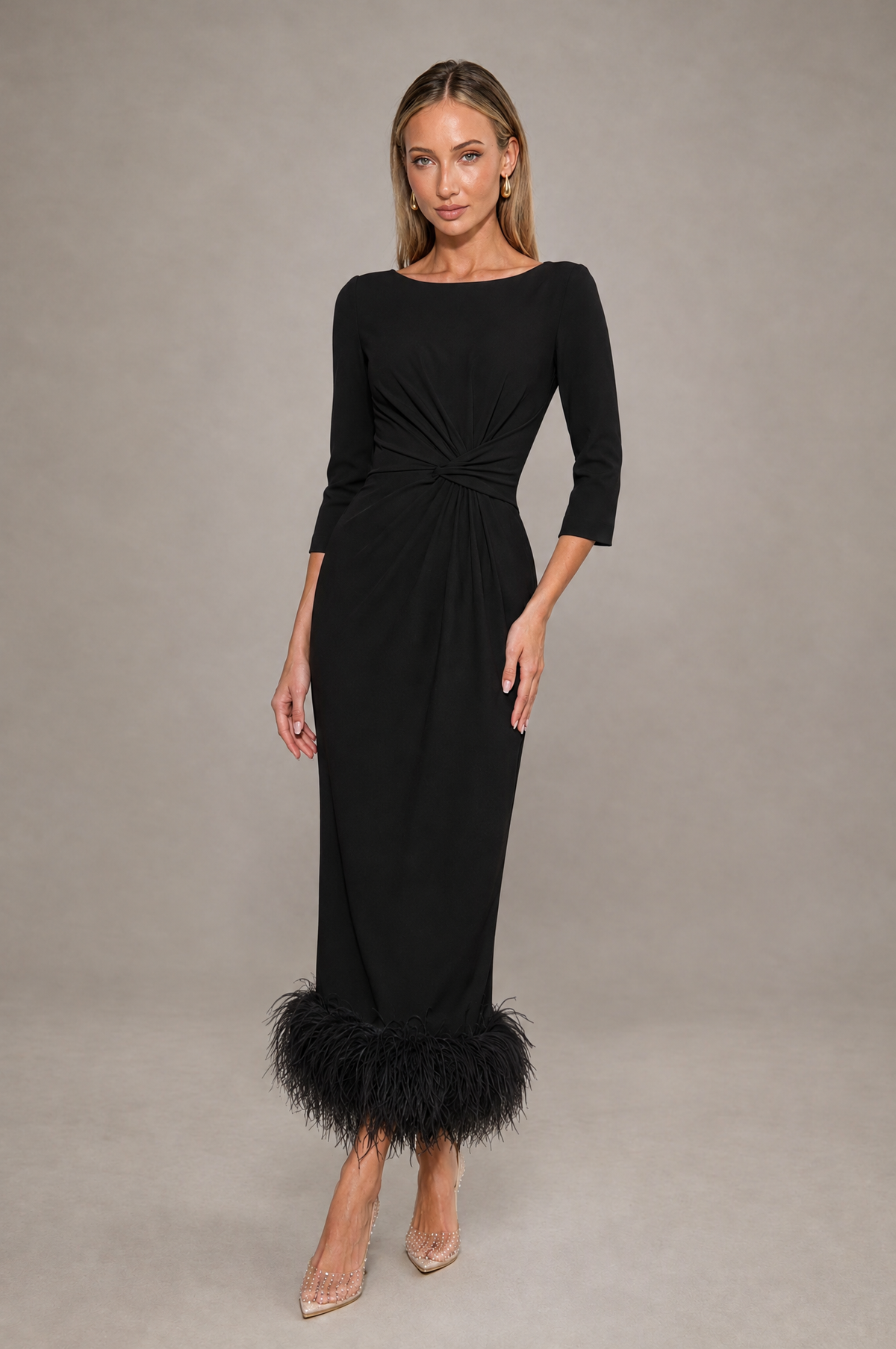 BOLODOO Black Feather-Trim Twist-Waist Midi Dress - Black - Black_1
