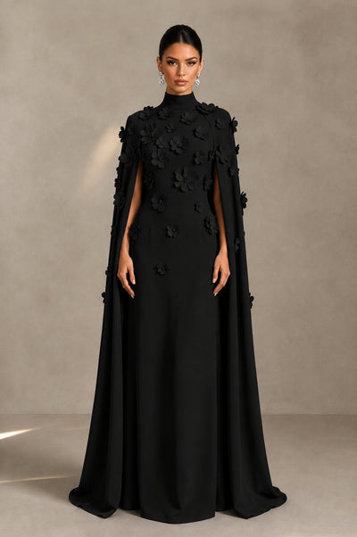BOLODOO Black 3D Floral Applique Cape Formal Dress - Black - Black_1