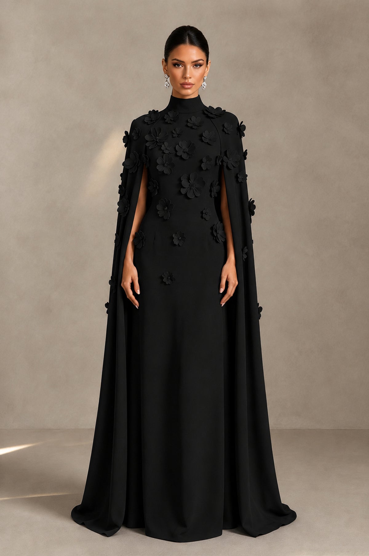 BOLODOO Black 3D Floral Applique Cape Formal Dress - Black - Black_1