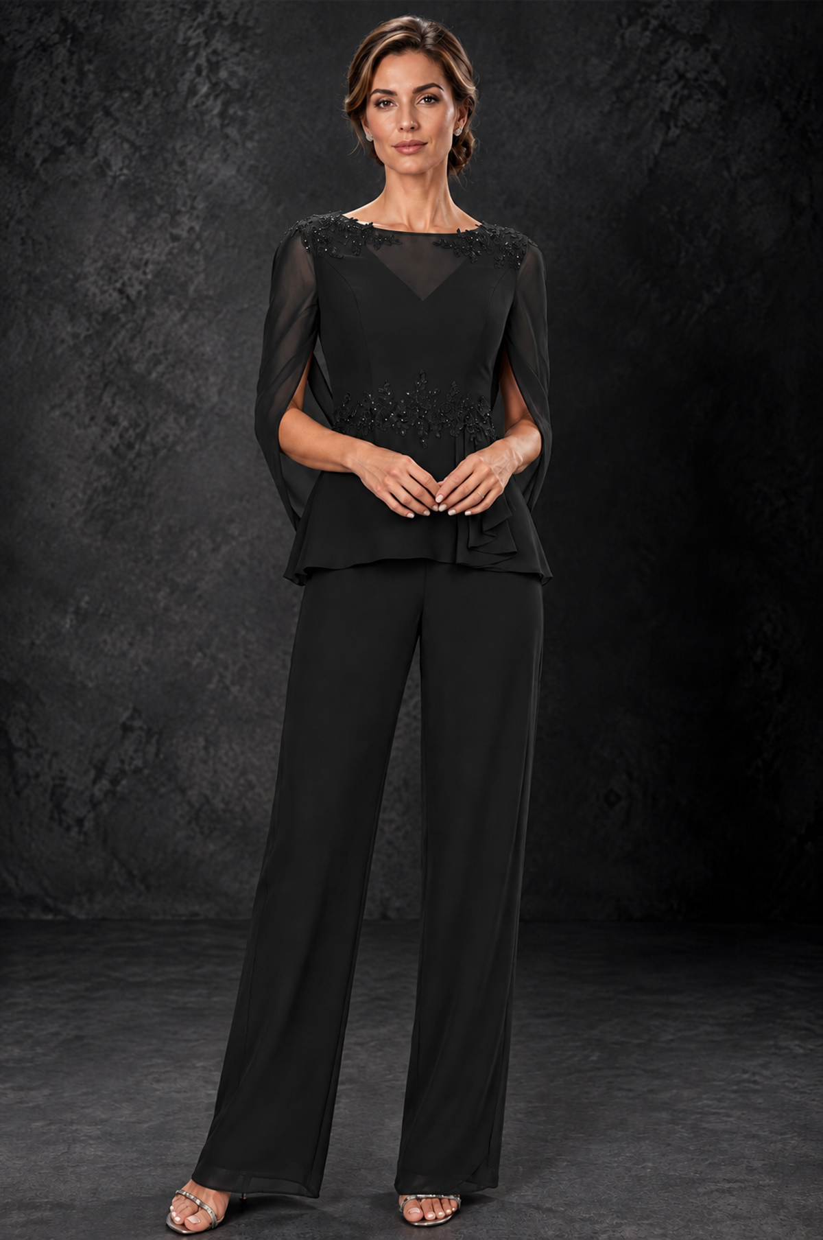 BOLODOO Black Embellished Cape Sleeve Mother of the Bride Pantsuit - Black - Black_1